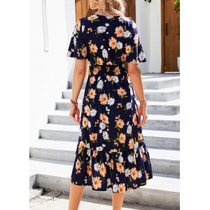 Navy Blue Smocked Floral Print Flounce Dress