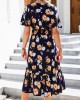 Navy Blue Smocked Floral Print Flounce Dress