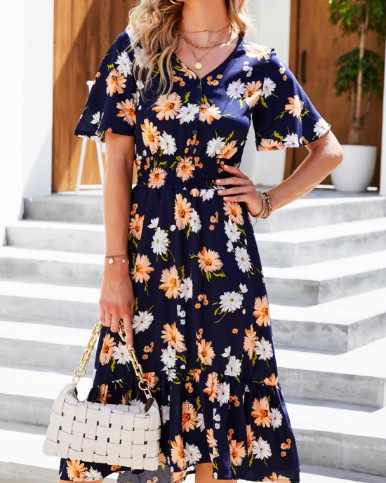 Navy Blue Smocked Floral Print Flounce Dress