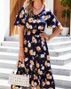 Navy Blue Smocked Floral Print Flounce Dress