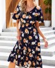 Navy Blue Smocked Floral Print Flounce Dress