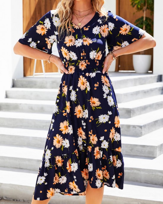 Navy Blue Smocked Floral Print Flounce Dress