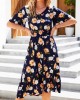 Navy Blue Smocked Floral Print Flounce Dress