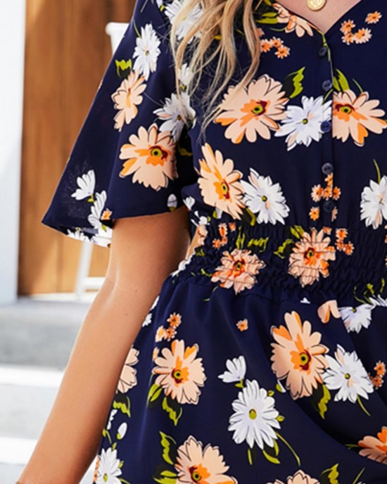 Navy Blue Smocked Floral Print Flounce Dress