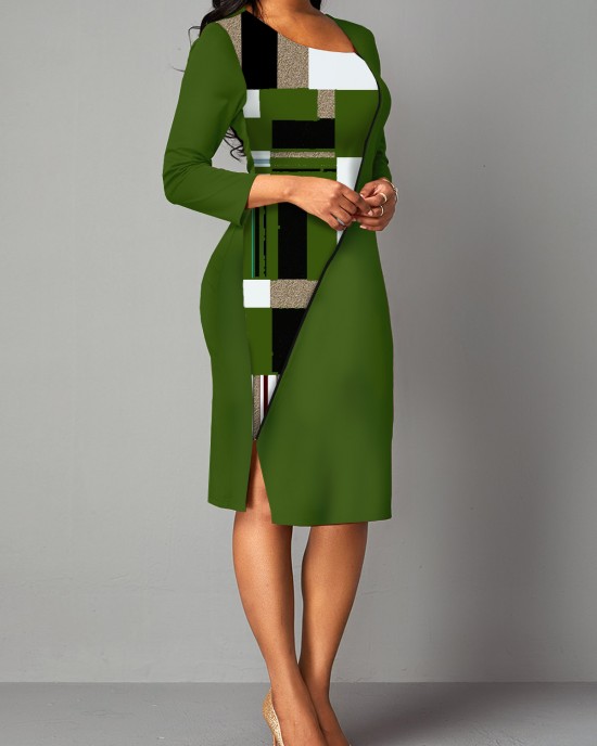 Side Slit Plaid 3/4 Sleeve Bodycon Dress