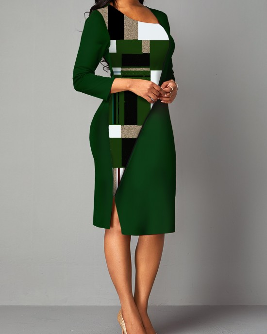 Side Slit Plaid 3/4 Sleeve Bodycon Dress