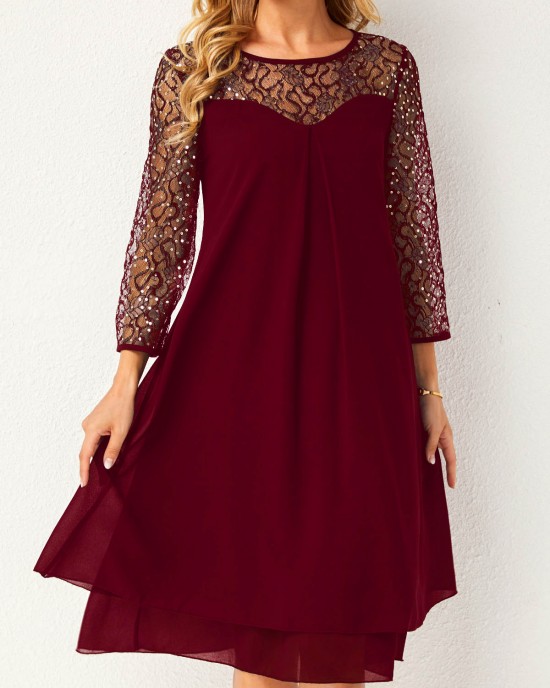 Layered Hem Lace Stitching Round Neck Dress