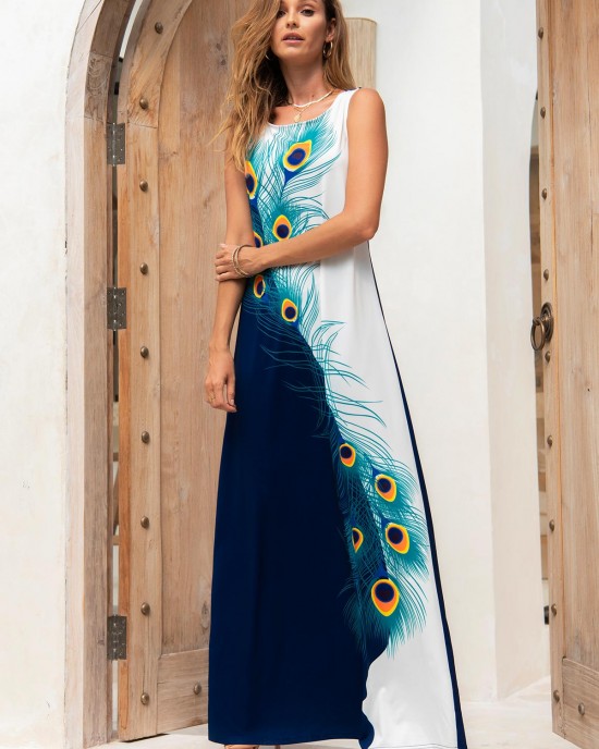 Square Collar Feathers Sleeveless Maxi Dress