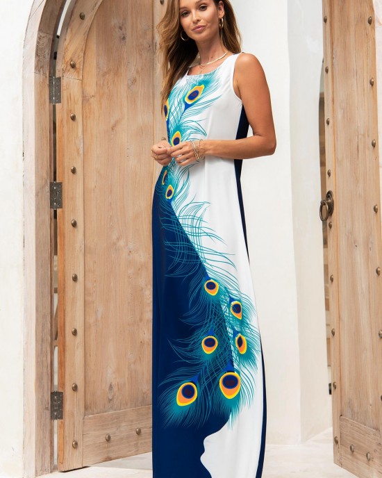 Square Collar Feathers Sleeveless Maxi Dress