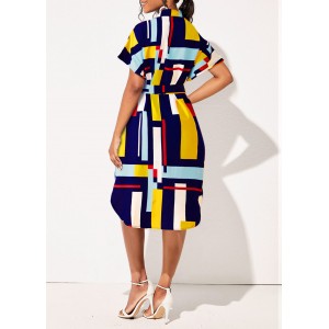 Belted Turndown Collar Geometric Print Dress