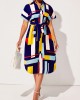 Belted Turndown Collar Geometric Print Dress