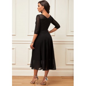 Layered Hem Chiffon 3/4 Sleeve Black Dress