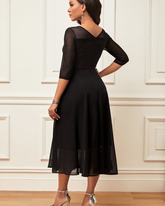 Layered Hem Chiffon 3/4 Sleeve Black Dress