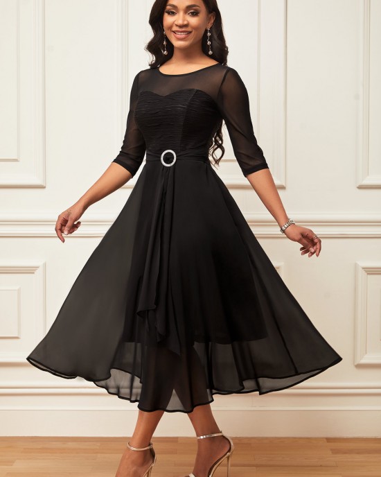 Layered Hem Chiffon 3/4 Sleeve Black Dress