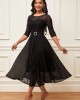 Layered Hem Chiffon 3/4 Sleeve Black Dress