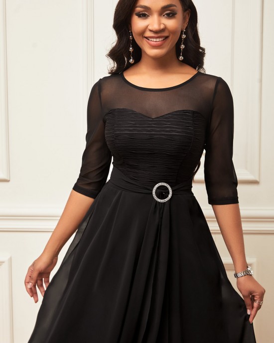 Layered Hem Chiffon 3/4 Sleeve Black Dress