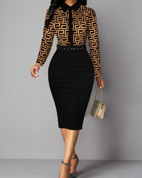 Geometric Print Black Long Sleeve Dress