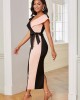 Side Back V Neck Color Block Bodycon Dress