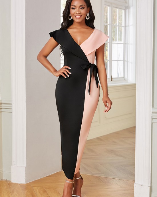 Side Back V Neck Color Block Bodycon Dress