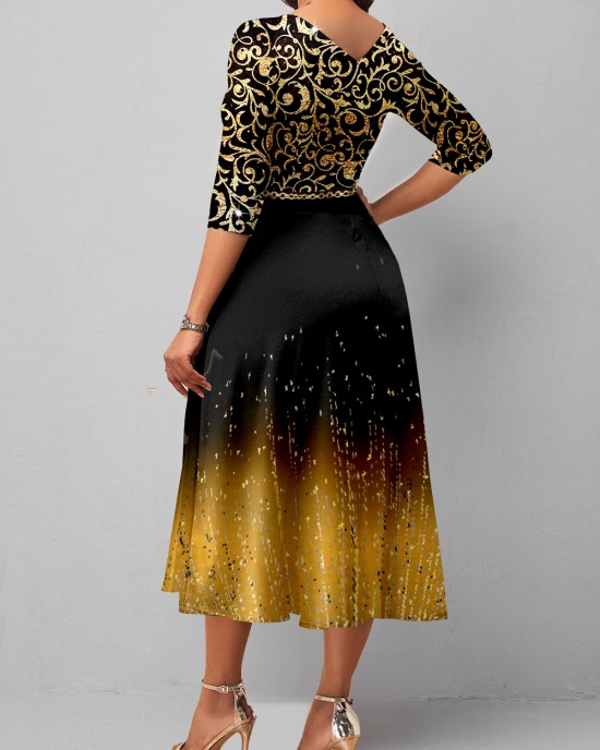 Golden Ombre Hot Stamping 3/4 Sleeve Dress