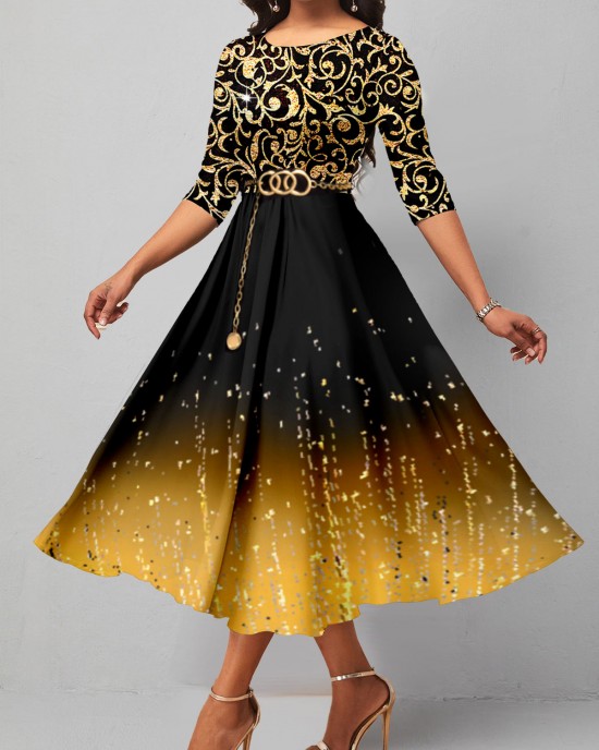 Golden Ombre Hot Stamping 3/4 Sleeve Dress