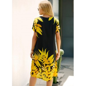 Short Sleeve Leaf Print Round Neck Dress