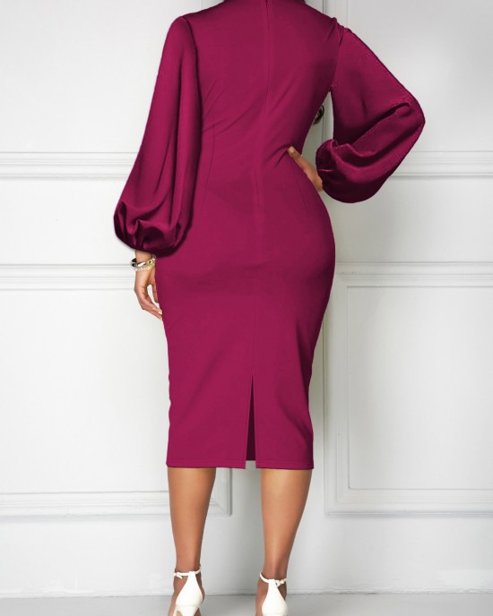 Solid Bowknot Lantern Sleeve Sheath Dress