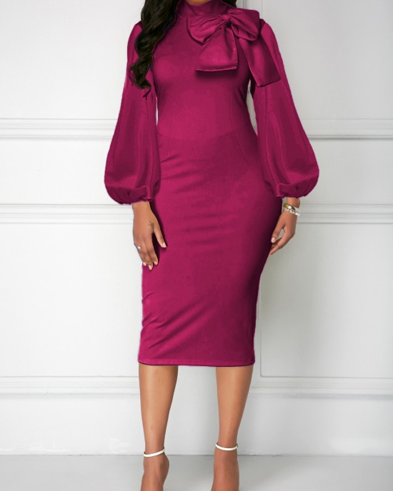 Solid Bowknot Lantern Sleeve Sheath Dress