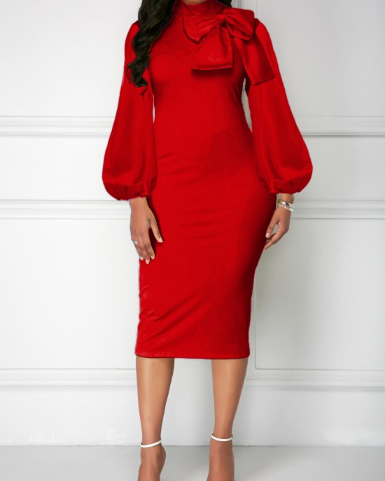 Solid Bowknot Lantern Sleeve Sheath Dress