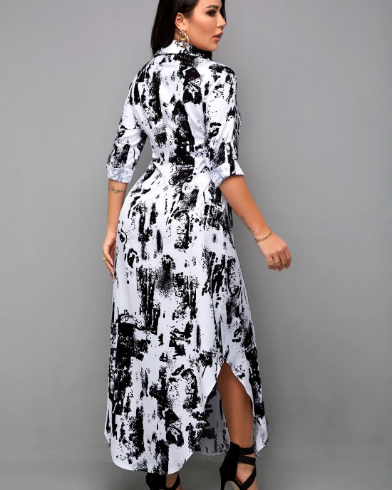 Asymmetric Hem Tie Dye Print Shirt Dress