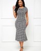 Houndstooth Print Bowknot Detail Mermaid Dress