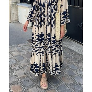 Fashion Casual V-Neck Long Sleeve Print Dress