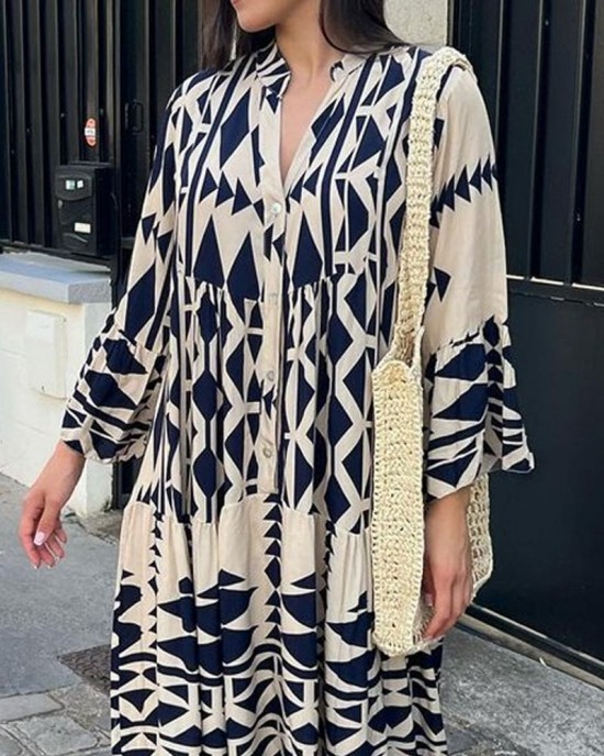 Fashion Casual V-Neck Long Sleeve Print Dress