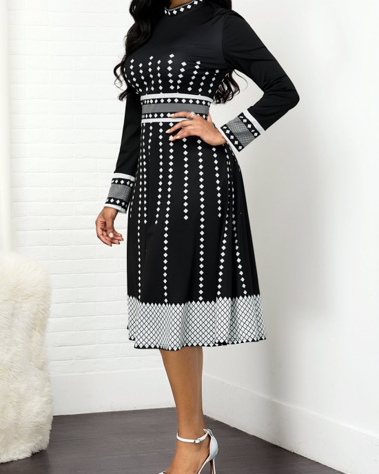 Mock Neck Geometric Print Long Sleeve Dress