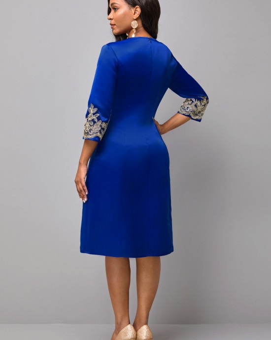 3/4 Sleeve Round Neck Embroidered Dress