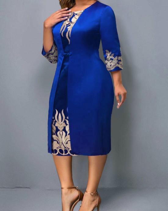 3/4 Sleeve Round Neck Embroidered Dress