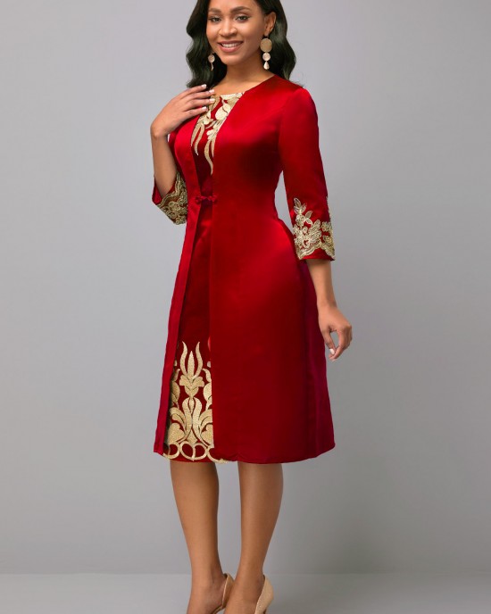 3/4 Sleeve Round Neck Embroidered Dress