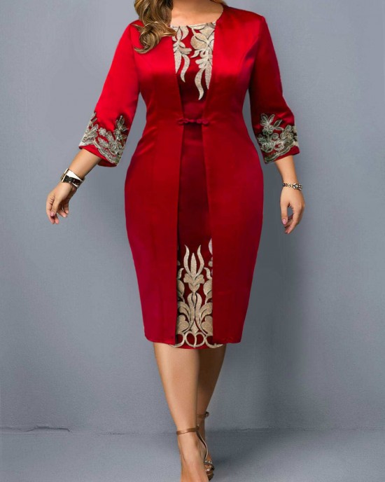 3/4 Sleeve Round Neck Embroidered Dress