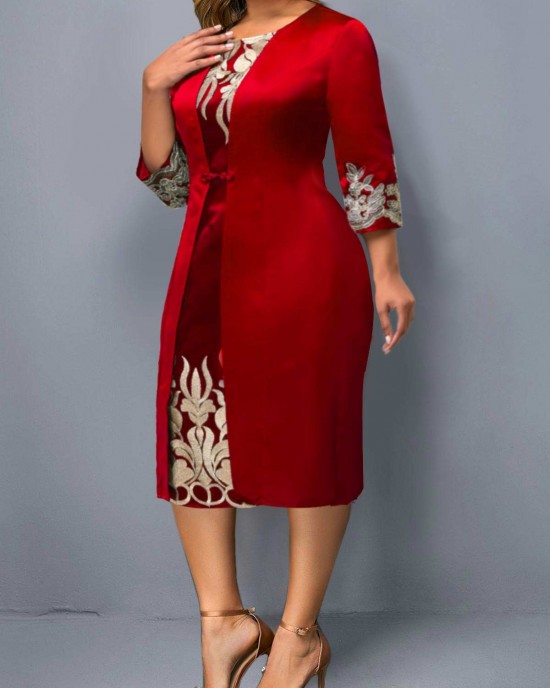 3/4 Sleeve Round Neck Embroidered Dress