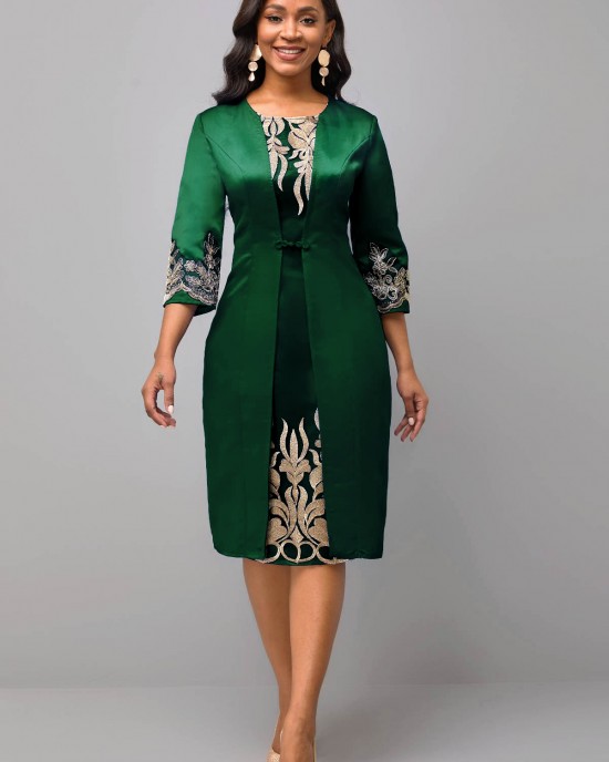 3/4 Sleeve Round Neck Embroidered Dress