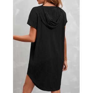 Drawstring Short Sleeve Black Hooded Collar Dress