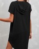 Drawstring Short Sleeve Black Hooded Collar Dress