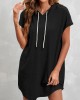 Drawstring Short Sleeve Black Hooded Collar Dress