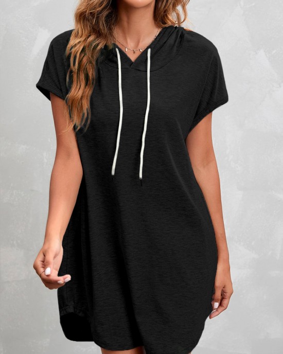 Drawstring Short Sleeve Black Hooded Collar Dress