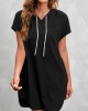 Drawstring Short Sleeve Black Hooded Collar Dress