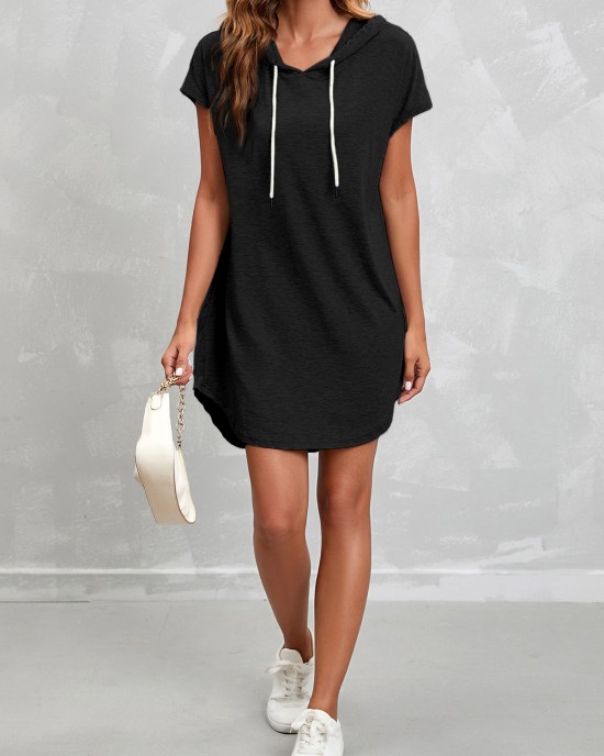 Drawstring Short Sleeve Black Hooded Collar Dress