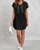 Drawstring Short Sleeve Black Hooded Collar Dress