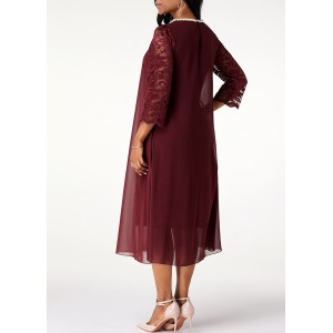 Lace Stitching Pearl 3/4 Sleeve Chiffon Dress