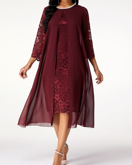 Lace Stitching Pearl 3/4 Sleeve Chiffon Dress