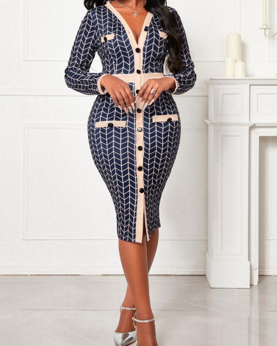 Long Sleeve Button Navy V Neck Bodycon Dress